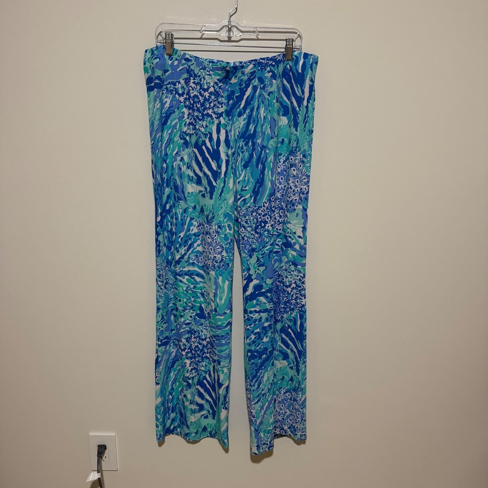 Lilly Pulitzer Women Blue Multi Floral Print Palazzo Knit Pants XL